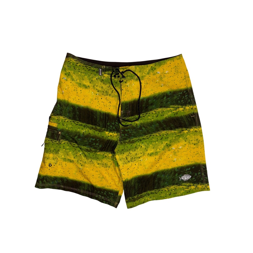 AFTCO Board Shorts Mens 34 Green Mahi Mahi Fishing Swim Trunks Bluewater